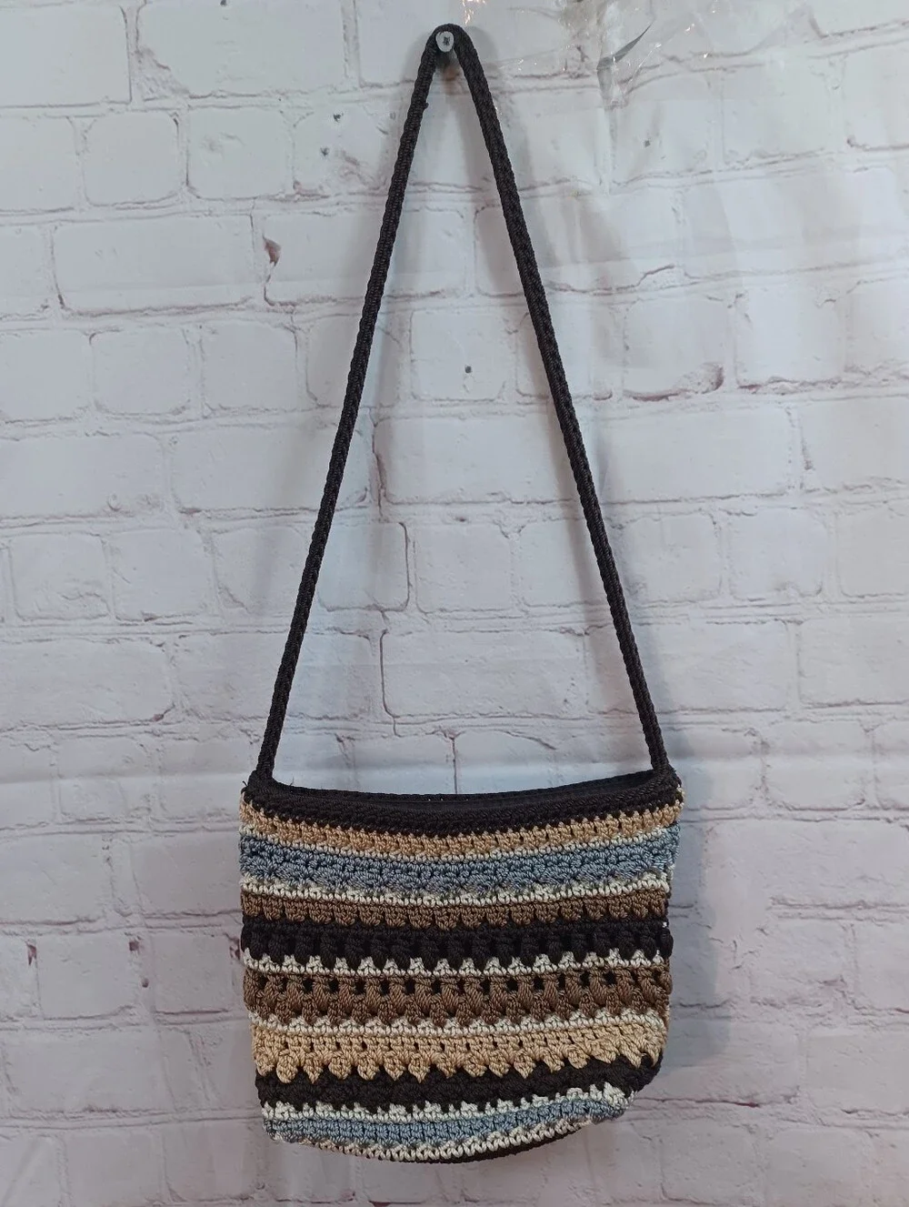 the sak striped crochet knit crossbody shoulder bag brown blue neutral zip